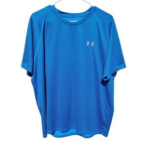 Under Armour HeatGear Mens XL Blue Striped Loose Fit Short Sleeve Athletic Shirt